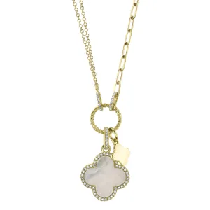 14 Yellow Gold Diamond Mother of Pearl Clover Pendant on Chain and Paperclip Chain