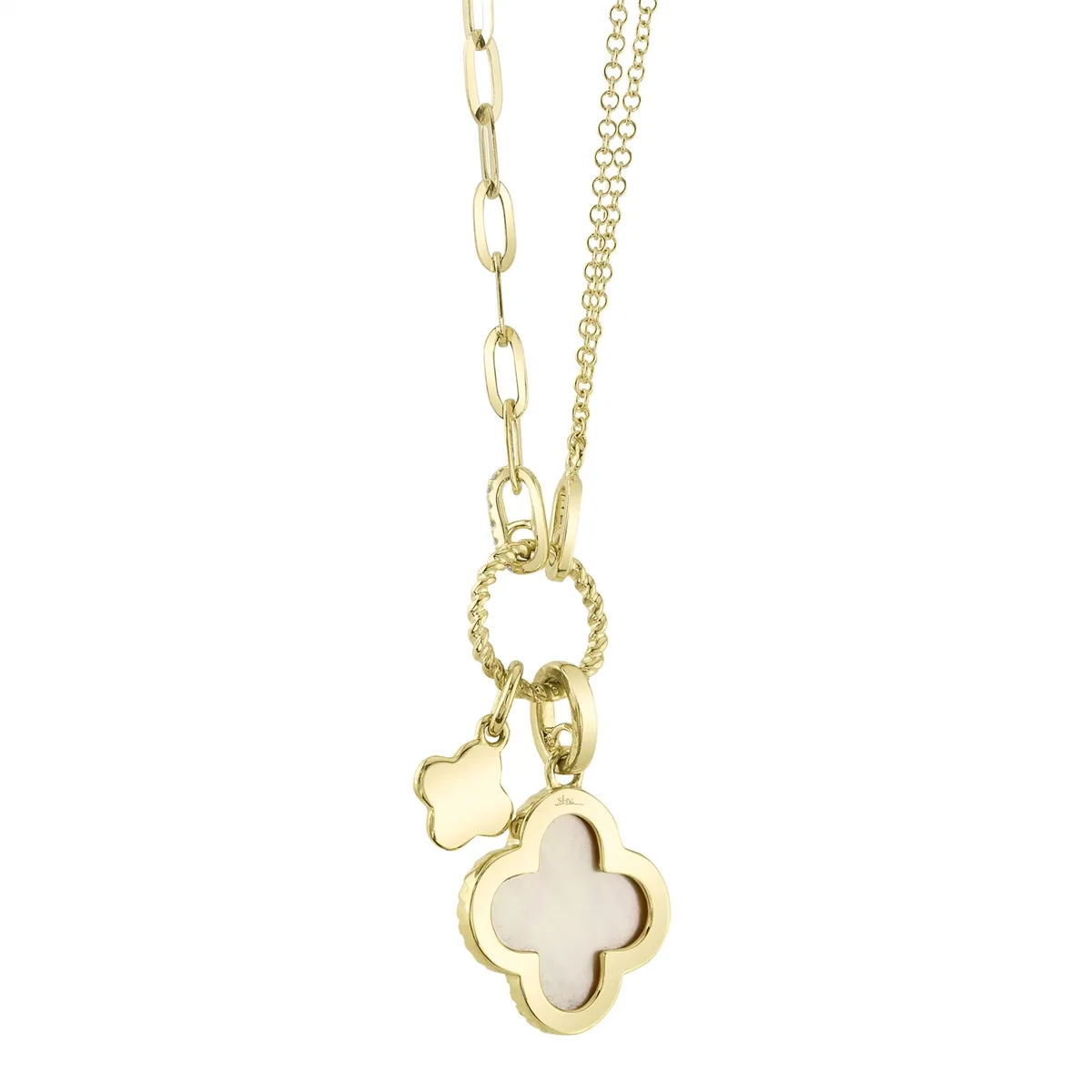 14 Yellow Gold Diamond Mother of Pearl Clover Pendant on Chain and Paperclip Chain