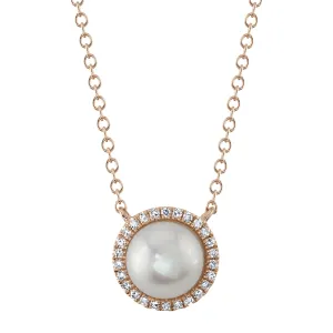 14K Rose Gold Cultured Pearl with Diamond Halo Pendant Necklace