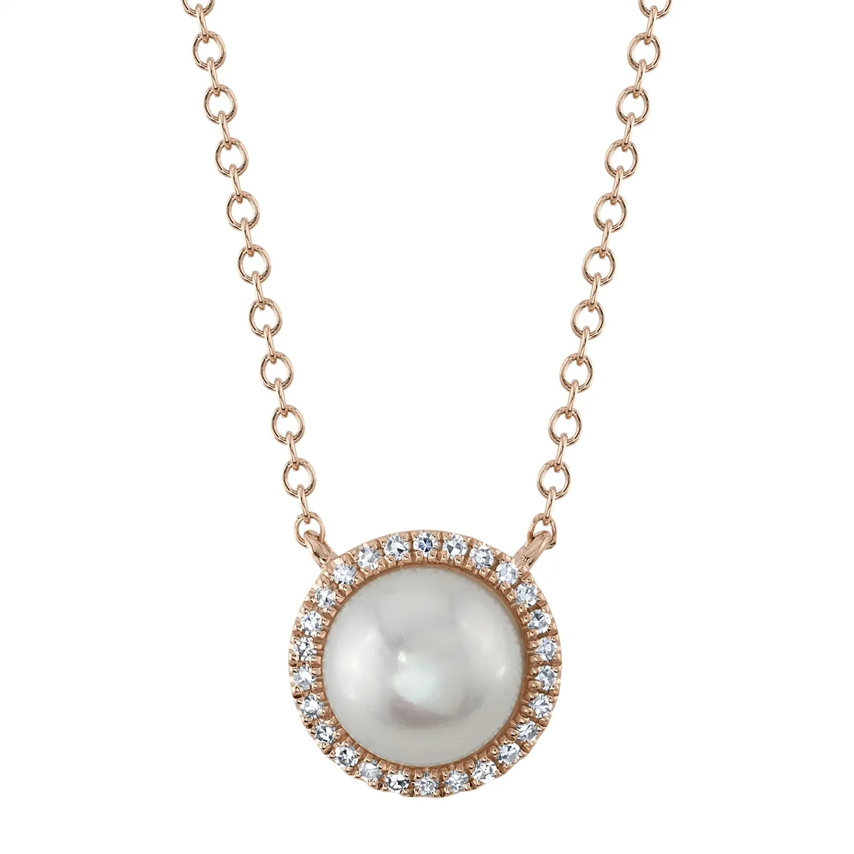 14K Rose Gold Cultured Pearl with Diamond Halo Pendant Necklace