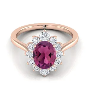 14K Rose Gold Oval Garnet Floral Diamond Halo Engagement Ring -1/2ctw