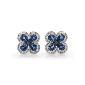 14k White Gold Blue Sapphire & Diamond Clover Earrings