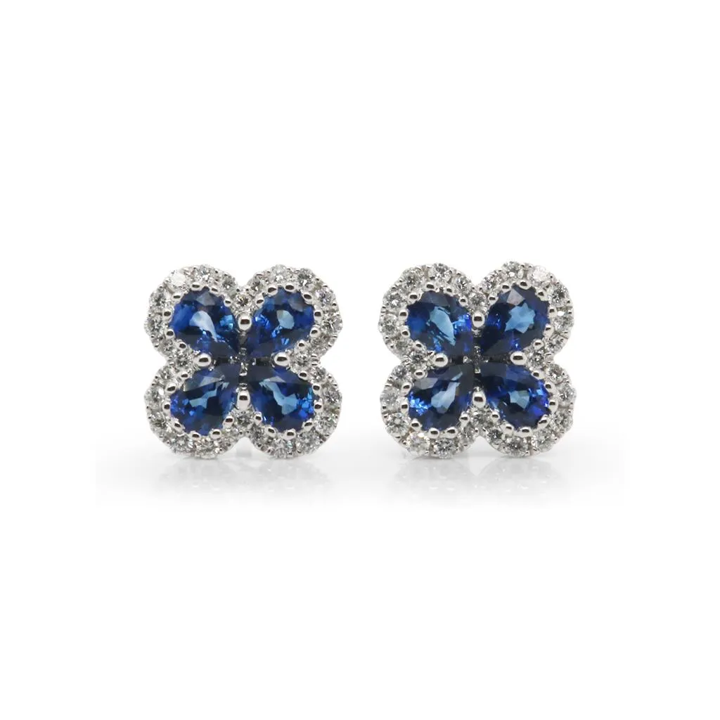 14k White Gold Blue Sapphire & Diamond Clover Earrings