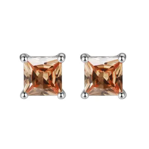 14k White Gold Plated 1 Carat Square Created Champagne Sapphire Stud Earrings