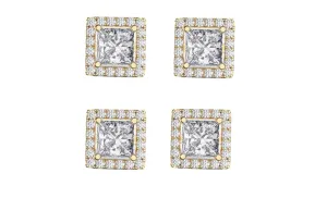 14k Yellow Gold Plated 1Ct Square Cut White Sapphire Set of Two Halo Stud Earrings