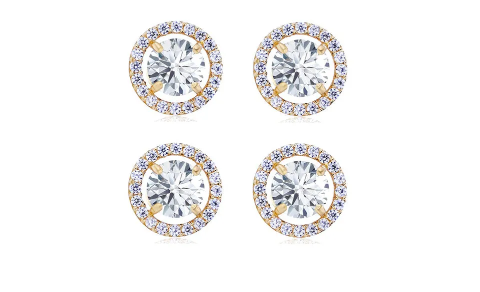 14k Yellow Gold Plated 4mm 1Ct Round White Sapphire Set Of Two Halo Stud Earrings