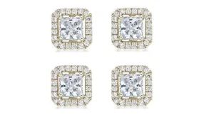 14k Yellow Gold Plated 4mm 2Ct Princess Cut White Sapphire Set of Two Halo Stud Earrings