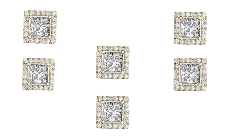 14k Yellow Gold Plated 6mm 4Ct Square Cut White Sapphire Set of Three Halo Stud Earrings