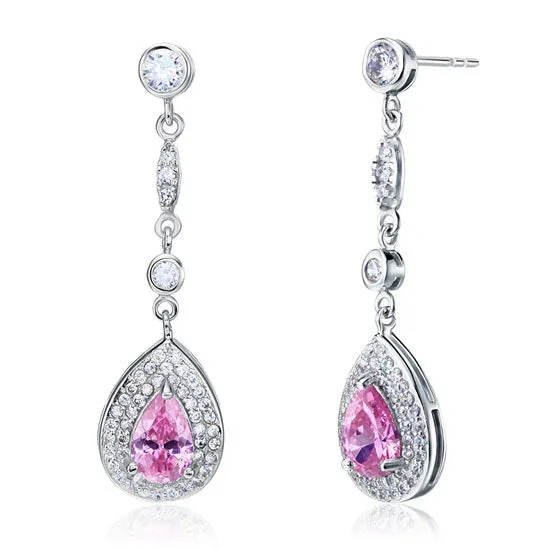 1.5 Carat Pear Cut Pink Created Sapphire 925 Sterling Silver Dangle Earrings XFE8057