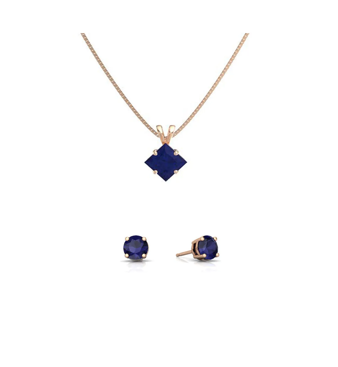 18K Rose Gold 1/2ct Blue Sapphire Princess Cut 18 Inch Necklace and Round Earrings Set Plated