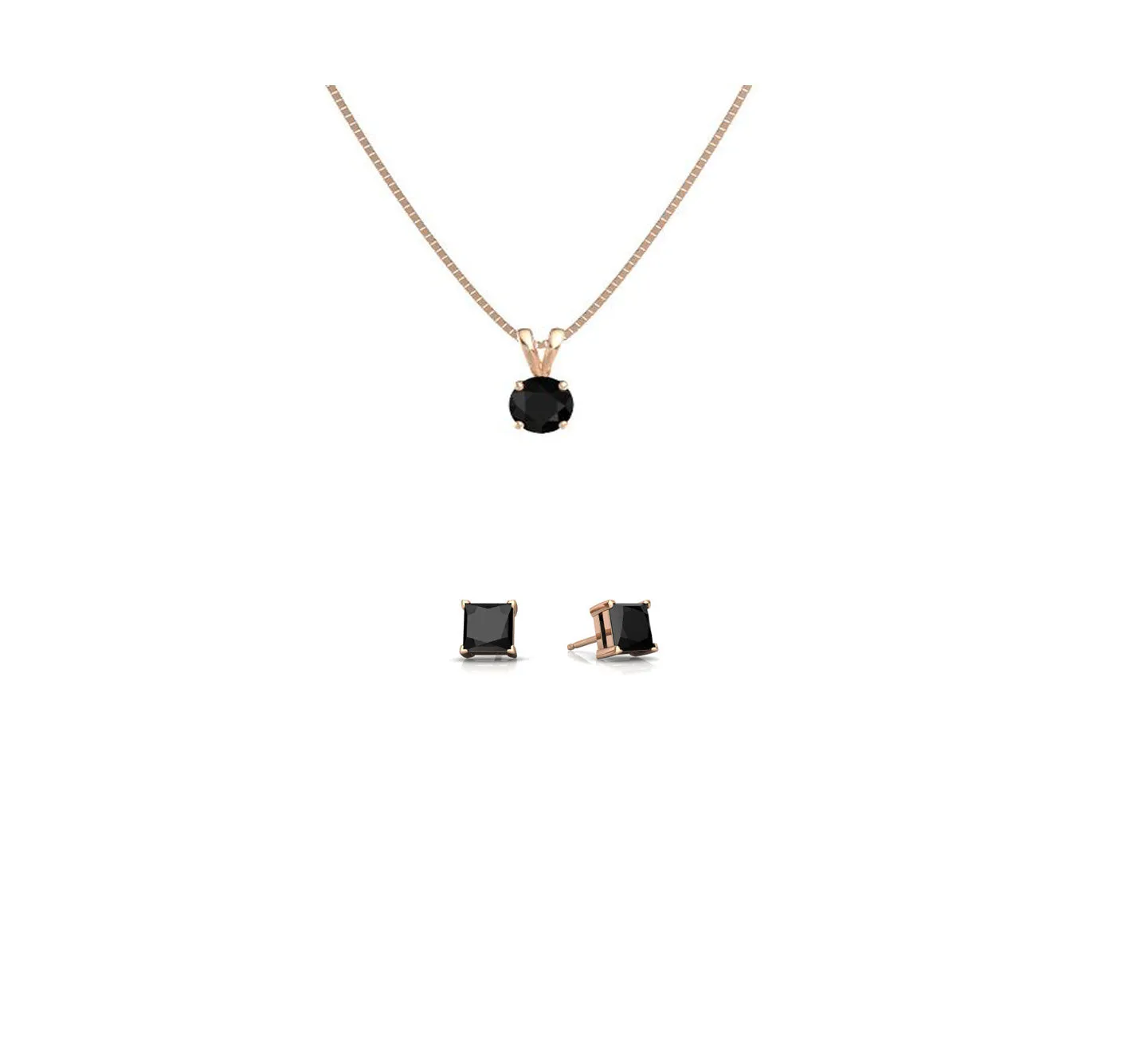 18K Rose Gold 2ct Black Sapphire Round 18 Inch Necklace and Square Earrings Set Plated