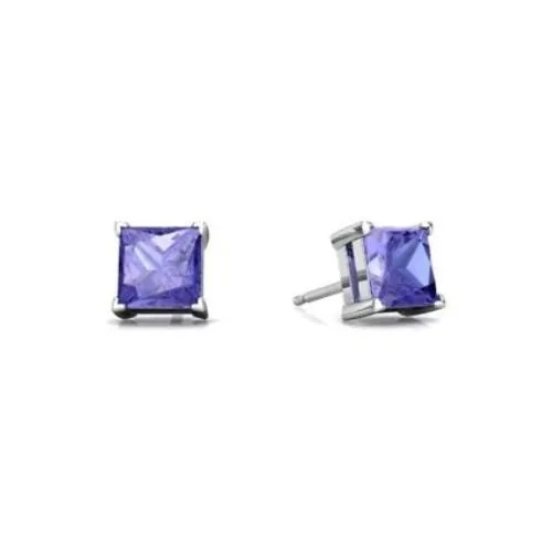 18k White Gold Plated 1/4 Carat Princess Cut Created Tanzanite Stud Earrings 4mm