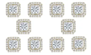 18k Yellow Gold Plated 1/2Ct Princess Cut White Sapphire Set of Five Halo Stud Earrings