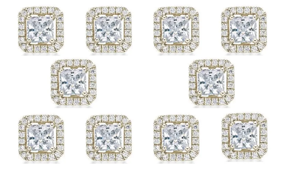 18k Yellow Gold Plated 1/2Ct Princess Cut White Sapphire Set of Five Halo Stud Earrings