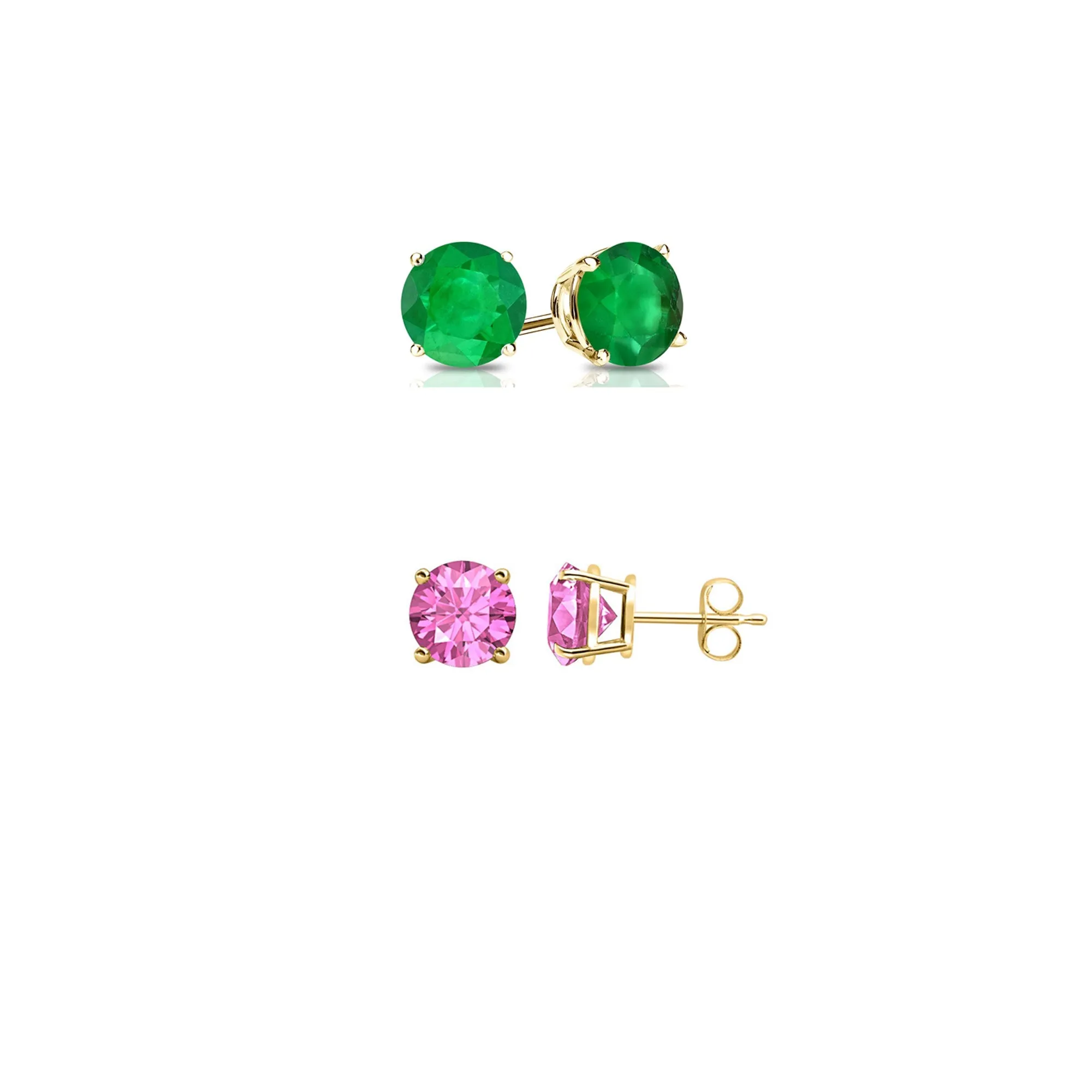 18k Yellow Gold Plated 1Ct Created Emerald and Pink sapphire 2 Pair Round Stud Earrings