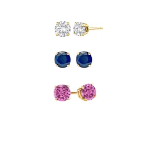 18k Yellow Gold Plated 1Ct Created White Sapphire, Blue Sapphire and Pink Sapphire 3 Pair Round Stud Earrings