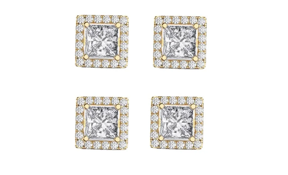 18k Yellow Gold Plated 4mm 2Ct Square Cut White Sapphire Set of Two Halo Stud Earrings