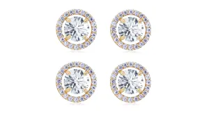 18k Yellow Gold Plated 4mm 4Ct Round White Sapphire Set of Two Halo Stud Earrings