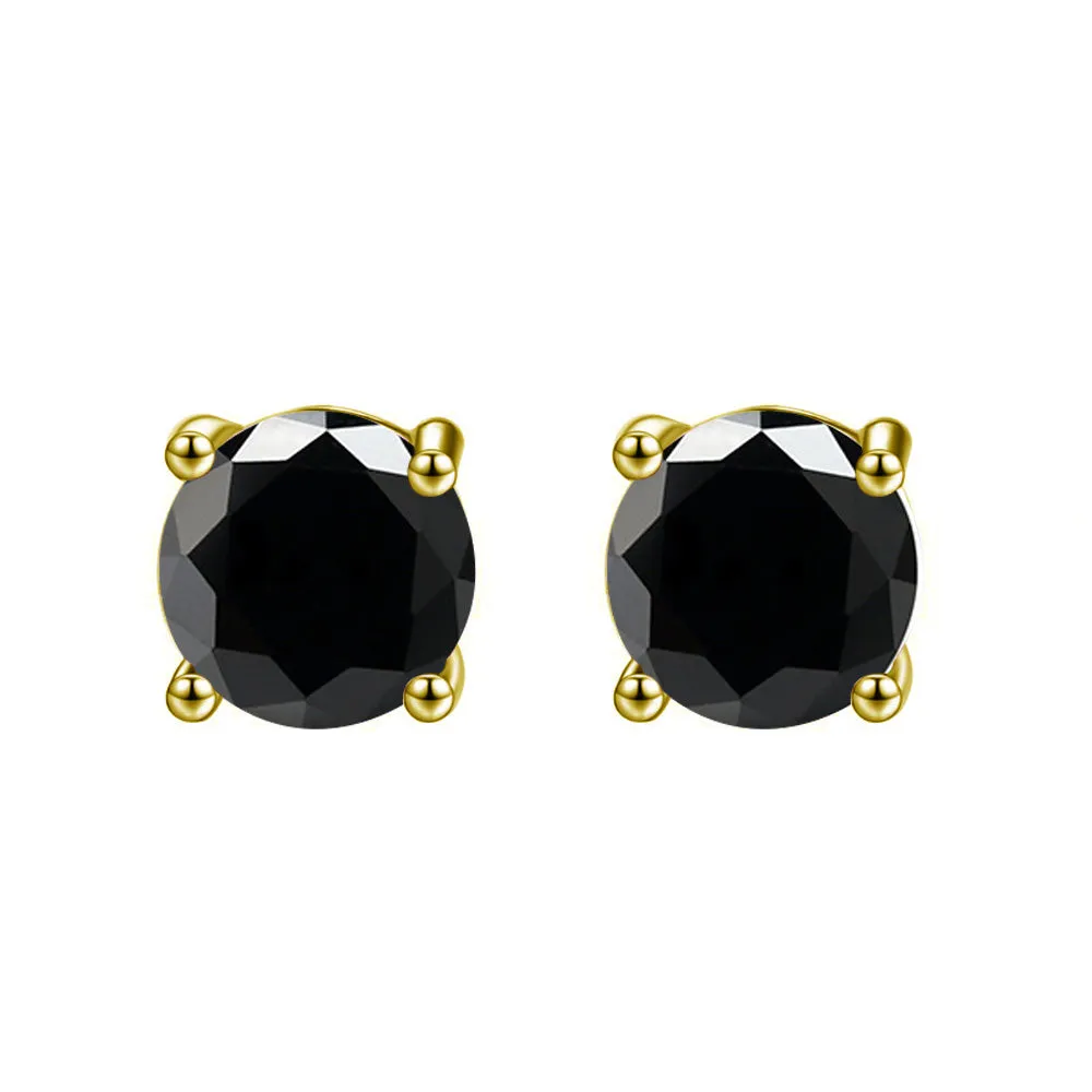 18k Yellow Gold Plated Created Black Sapphire 1 Carat Round Stud Earrings