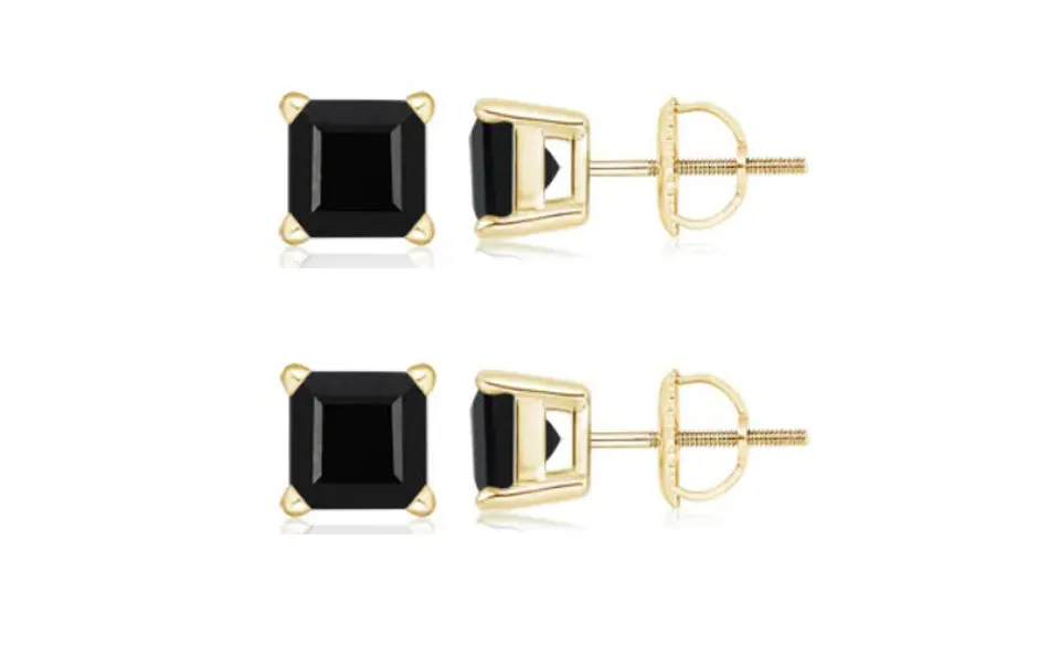 18k Yellow Gold Plated Created Black Sapphire 4 Carat Square Cut Pack of Two Stud Earrings