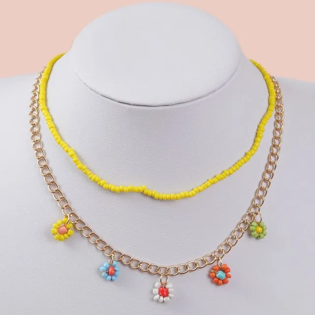 2 Pcs/Set Bohemian Multicolor Beaded Necklaces For Women Boho Gold Color Metal Chain Handmade Beads Flower Necklace Jewelry