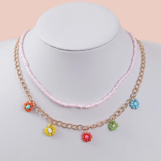 2 Pcs/Set Bohemian Multicolor Beaded Necklaces For Women Boho Gold Color Metal Chain Handmade Beads Flower Necklace Jewelry