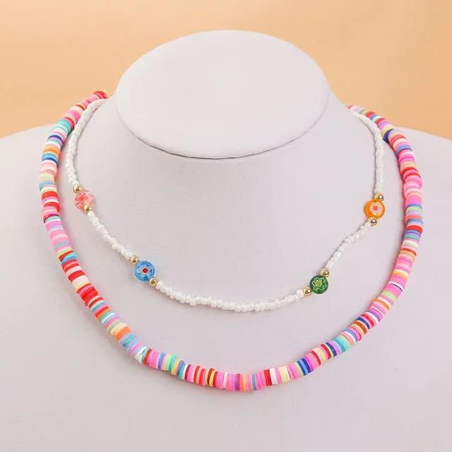 2 Pcs/Set Bohemian Multicolor Beaded Necklaces For Women Boho Gold Color Metal Chain Handmade Beads Flower Necklace Jewelry