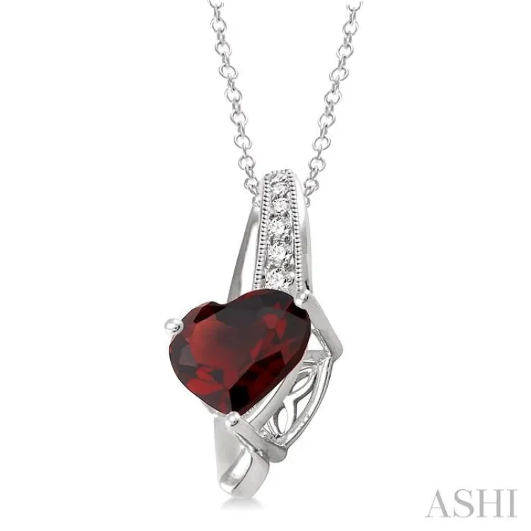 8x8 mm Heart Shape Garnet and 1/20 ctw Single Cut Diamond Pendant in Sterling Silver with Chain