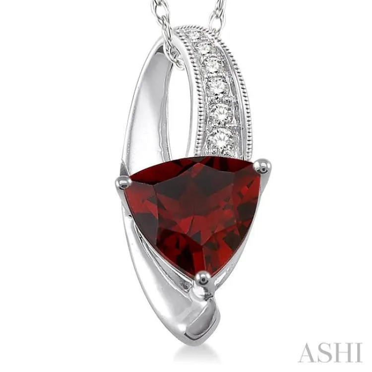 8x8mm Trillion Cut Garnet and 1/20 Ctw Single Cut Diamond Pendant in 10K White Gold with Chain