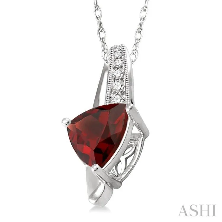 8x8mm Trillion Cut Garnet and 1/20 Ctw Single Cut Diamond Pendant in 10K White Gold with Chain