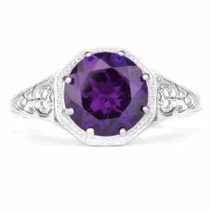 AMETHYST STERLING SILVER VINTAGE STYLE SOLITAIRE RING ART DECO FILIGREE PURPLE