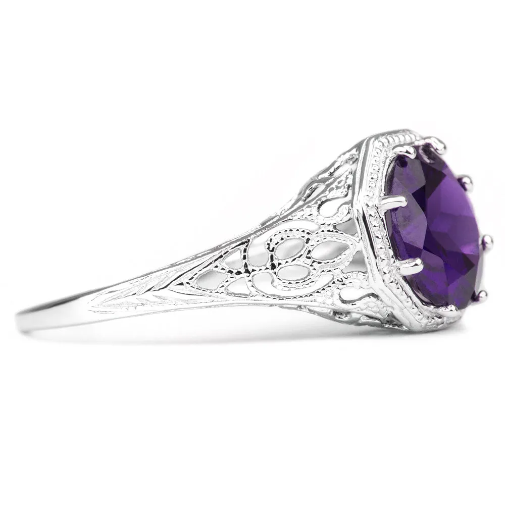 AMETHYST STERLING SILVER VINTAGE STYLE SOLITAIRE RING ART DECO FILIGREE PURPLE