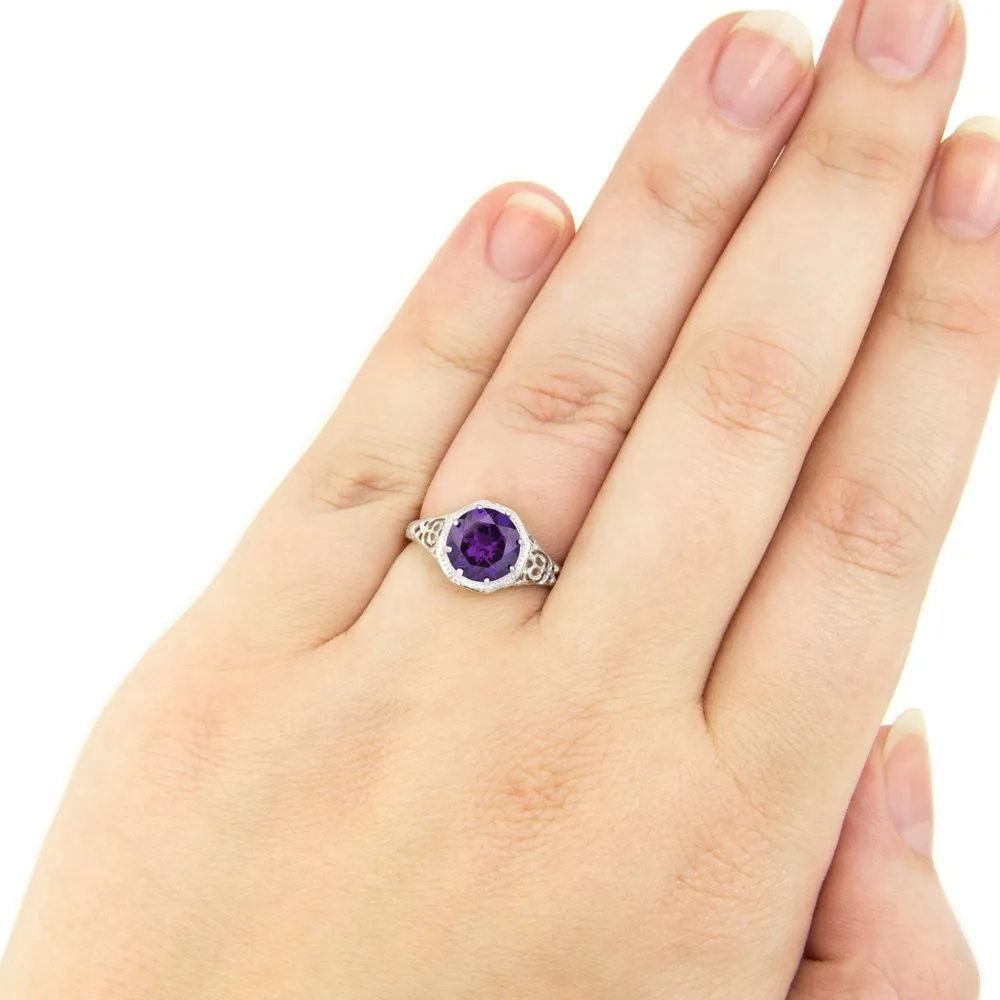 AMETHYST STERLING SILVER VINTAGE STYLE SOLITAIRE RING ART DECO FILIGREE PURPLE