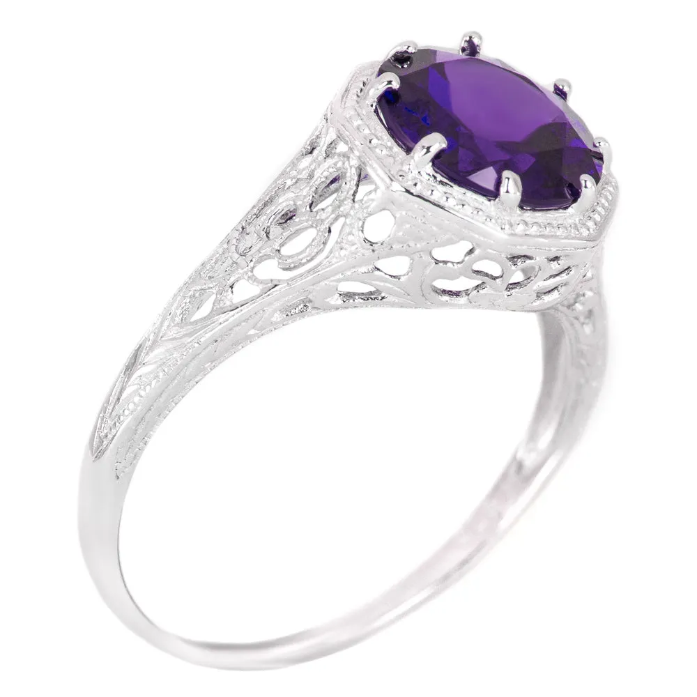 AMETHYST STERLING SILVER VINTAGE STYLE SOLITAIRE RING ART DECO FILIGREE PURPLE