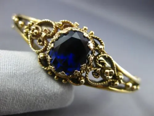 ANTIQUE LARGE 9CT OVAL SAPPHIRE 14K YELLOW GOLD 3D FILIGREE HEART BANGLE #21131