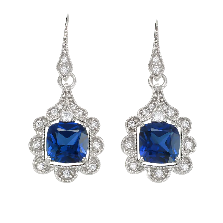 Blue Sapphire Earrings with Scalloped Halo