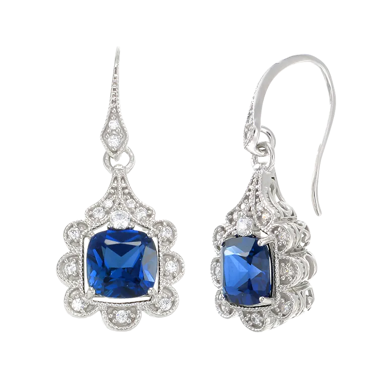 Blue Sapphire Earrings with Scalloped Halo