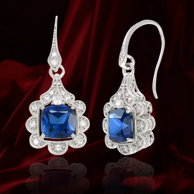 Blue Sapphire Earrings with Scalloped Halo