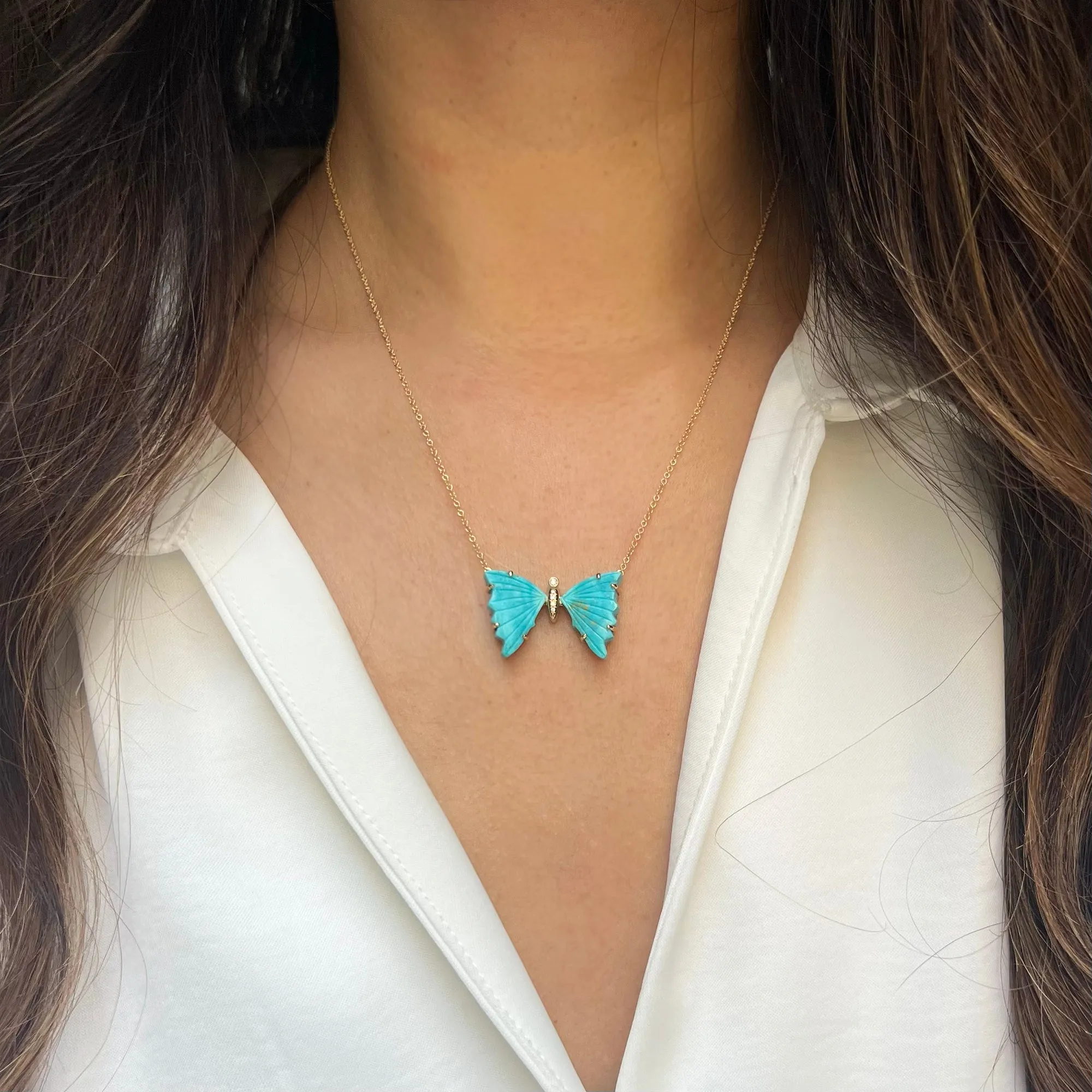 Blue Turquoise Butterfly Necklace with Prongs