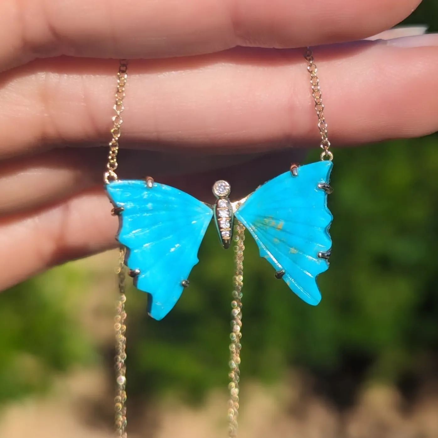 Blue Turquoise Butterfly Necklace with Prongs