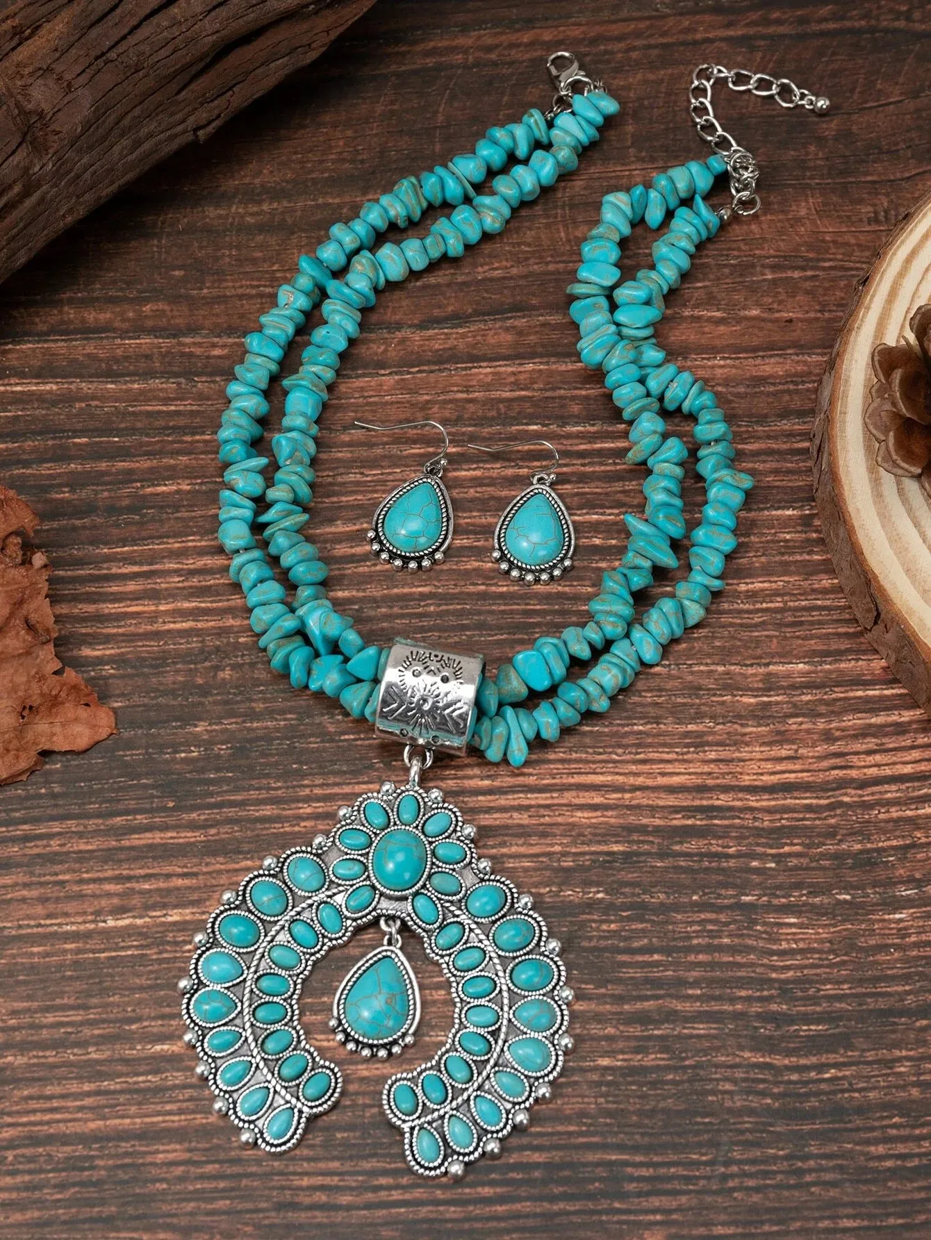 Bohemian Turquoise Blue Color Necklace & Earrings Set