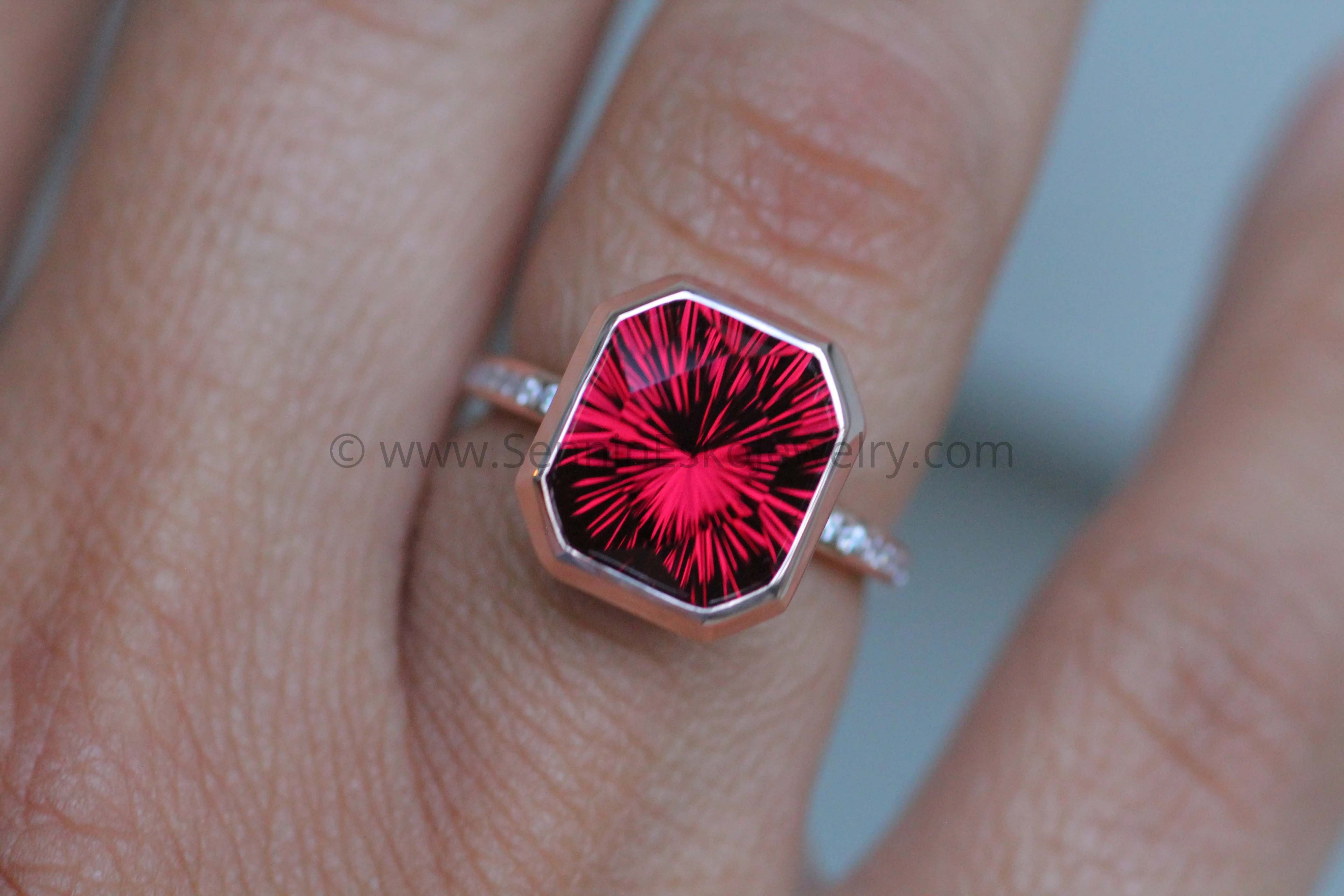 Diamond Channel Accented Rose Gold Bezel Ring Setting - Depicted with a Large Fantasy cut Rhodolite Garnet (Setting Only, Center Stone Sold Separately)