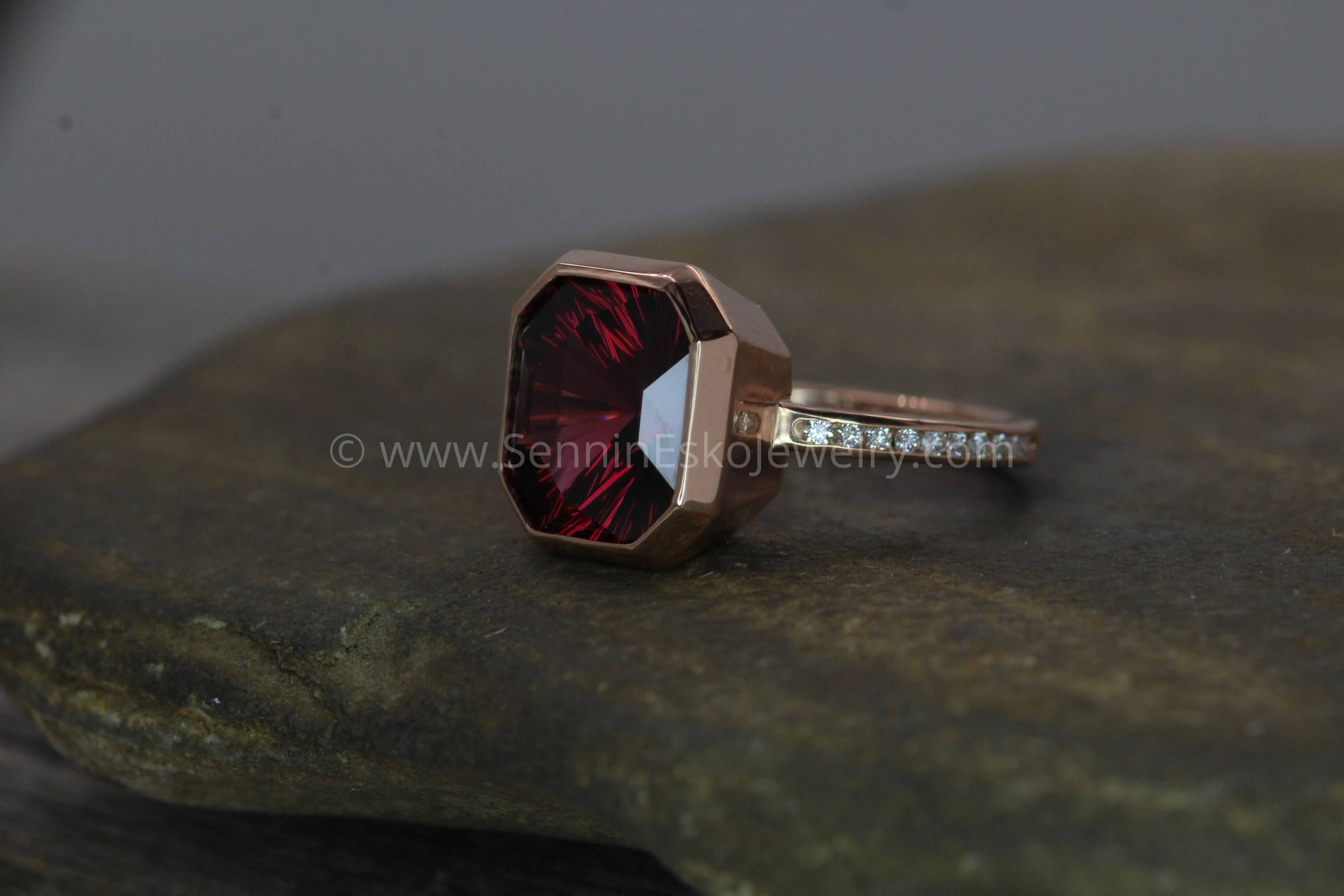 Diamond Channel Accented Rose Gold Bezel Ring Setting - Depicted with a Large Fantasy cut Rhodolite Garnet (Setting Only, Center Stone Sold Separately)