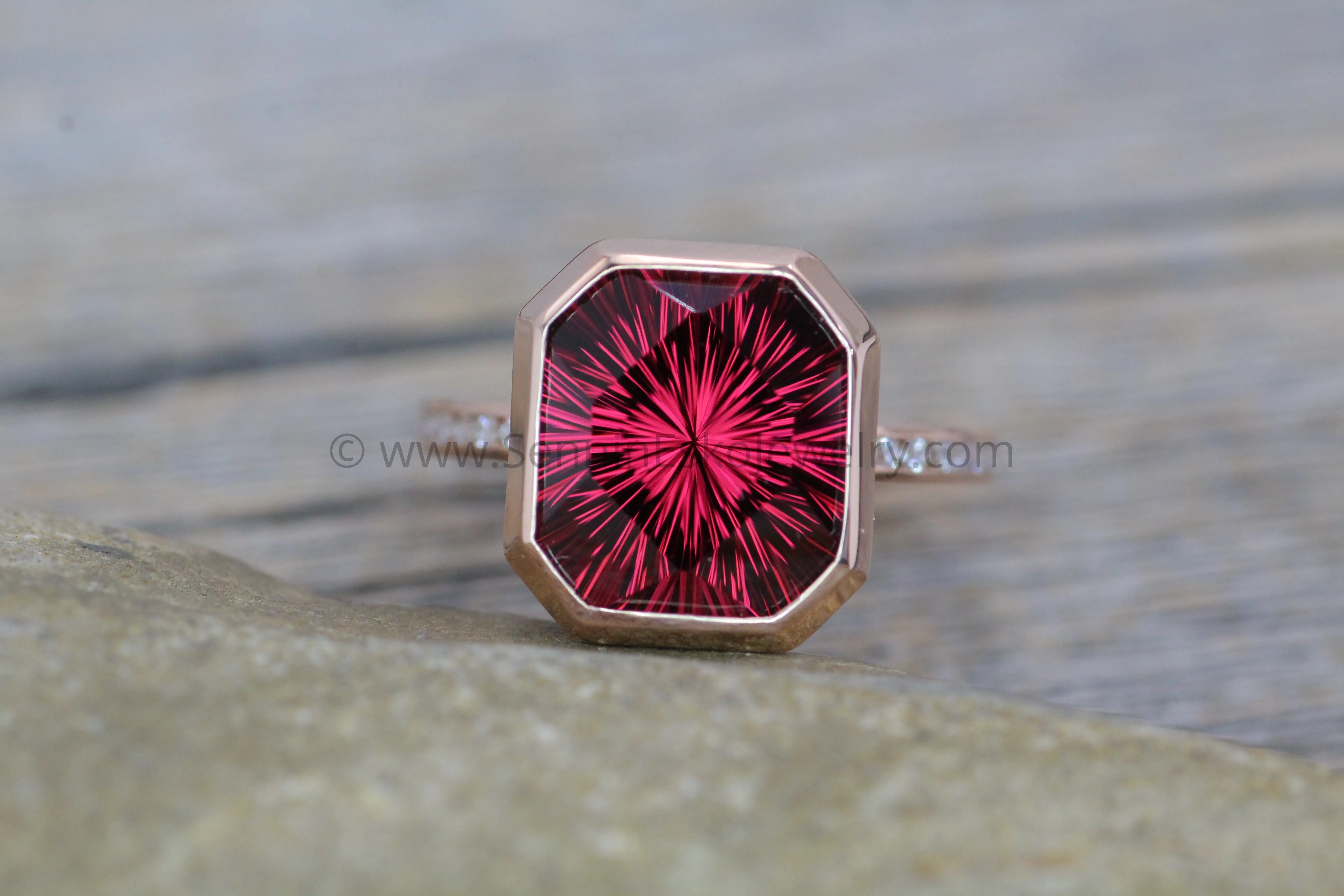 Diamond Channel Accented Rose Gold Bezel Ring Setting - Depicted with a Large Fantasy cut Rhodolite Garnet (Setting Only, Center Stone Sold Separately)