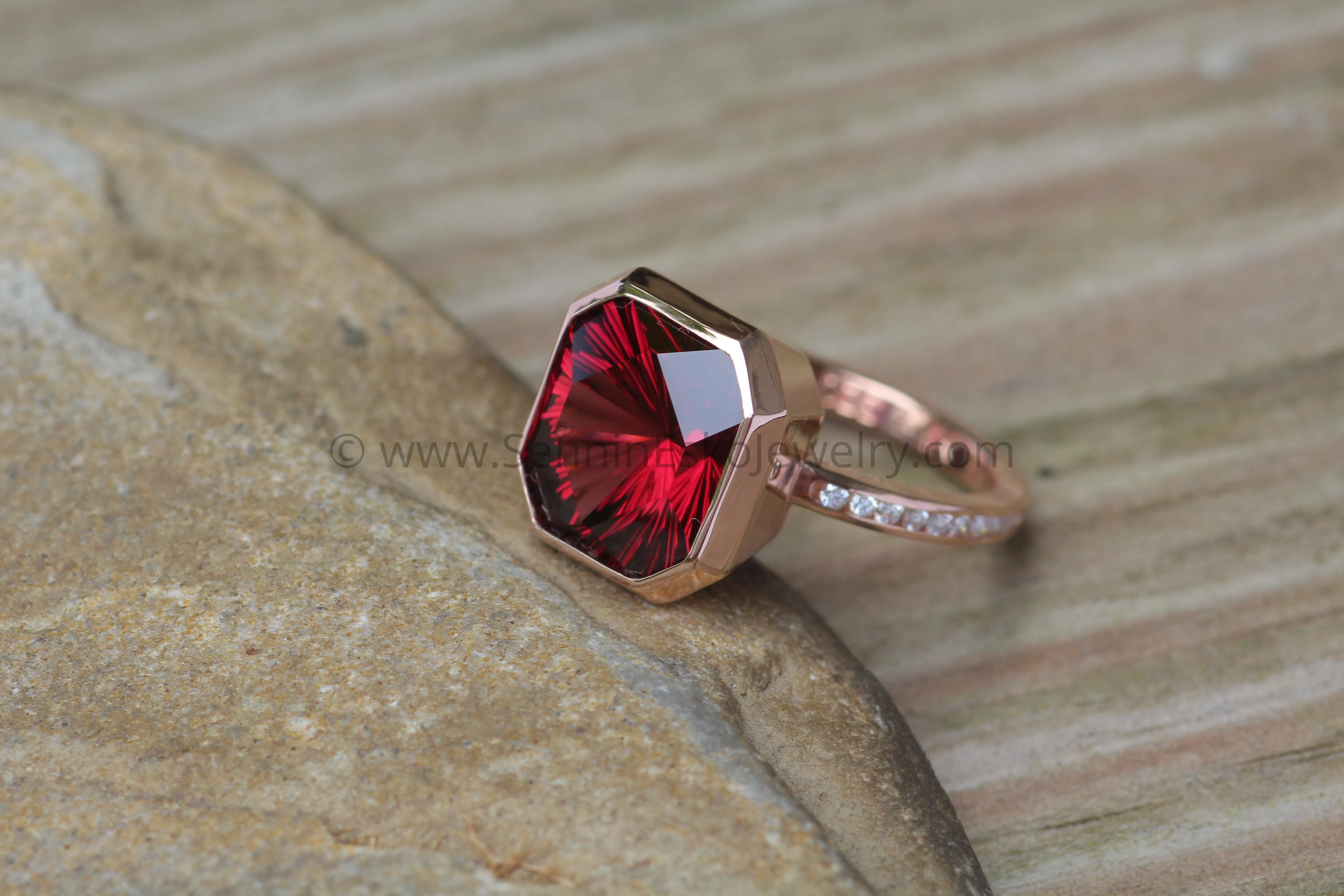 Diamond Channel Accented Rose Gold Bezel Ring Setting - Depicted with a Large Fantasy cut Rhodolite Garnet (Setting Only, Center Stone Sold Separately)