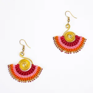 Fan Orange Pink Waxed String Spiral Brass Earrings