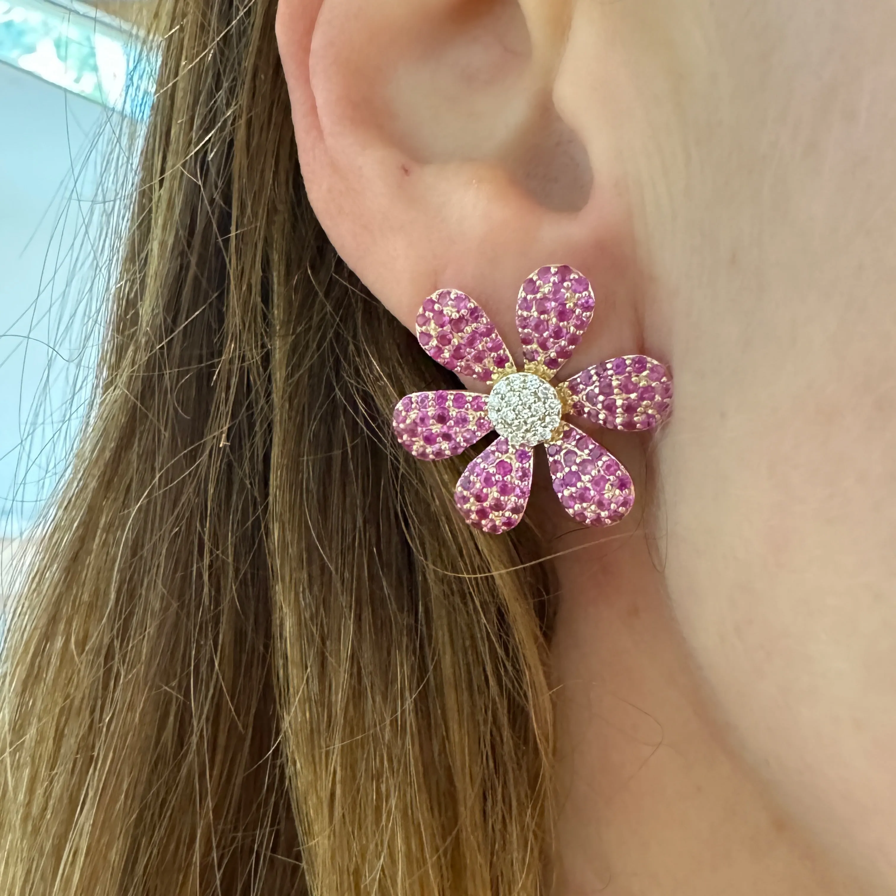 Flirty Pink Sapphire And Diamond Flower Earrings