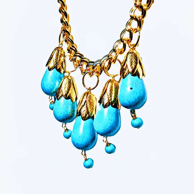 Gold Turquoise Drop Necklace Swarovski Plated USA Sugar Gay Isber 17 inch Adult Women