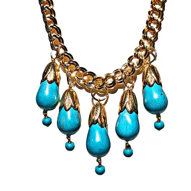 Gold Turquoise Drop Necklace Swarovski Plated USA Sugar Gay Isber 17 inch Adult Women