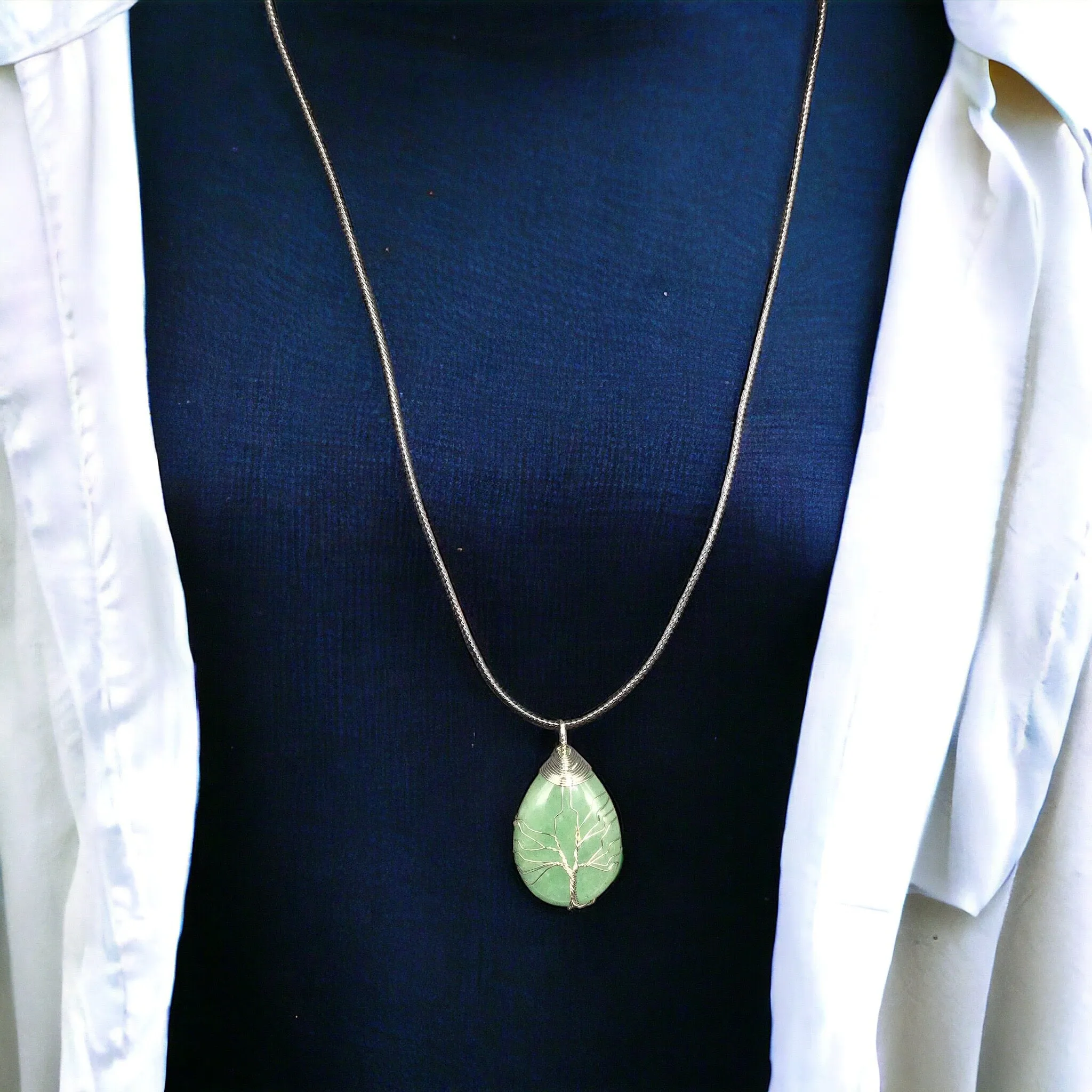 Green Gemstone Pendant Wrapped w/ Silver Tree of Life